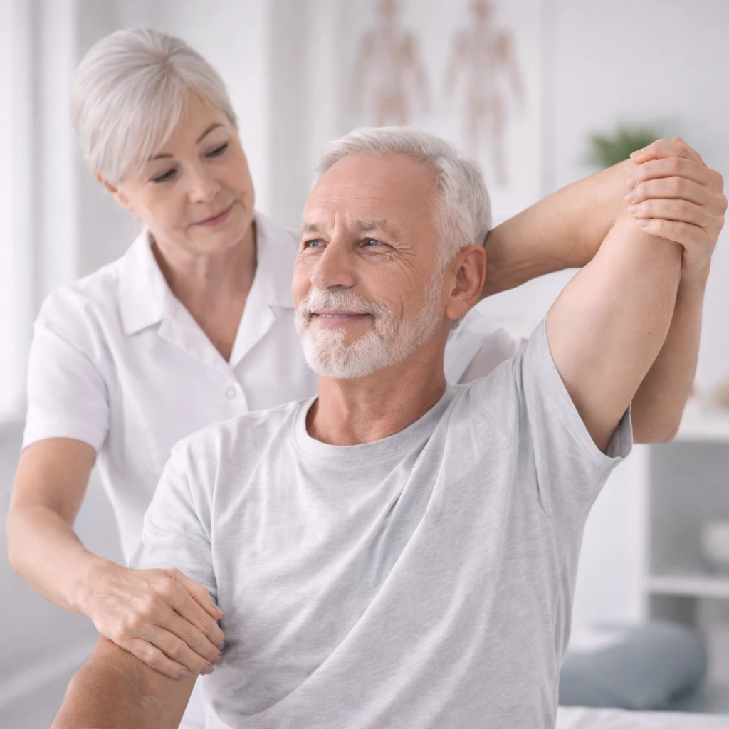 mozgásszervi rehabilitáció kezelés vállfájdalomra idősebb férfi pácienssel